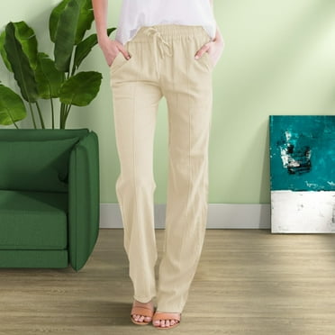 Hamky Wide Leg Pants Lounge Pants Women Solid Straight Linen Pants Waist And Long Women Casual Elastic Drawstring Cotton Pants Wide Leg Pants Woman Work Pants Women Beige L