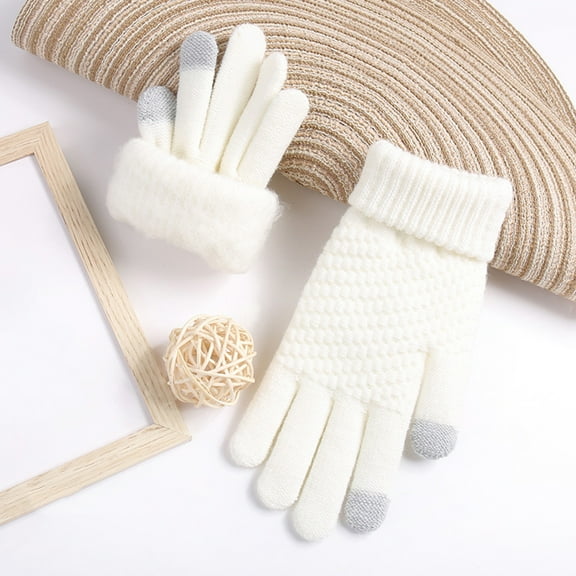 Hamky Winter Gloves,Gloves for Women,Winter Jacquard Mesh Gloves Women'S Knitted Plus Velvet Thickened Autumn And Winter Warm Pattern Gloves (Adult Gloves),Knit Gloves,Warm Gloves White
