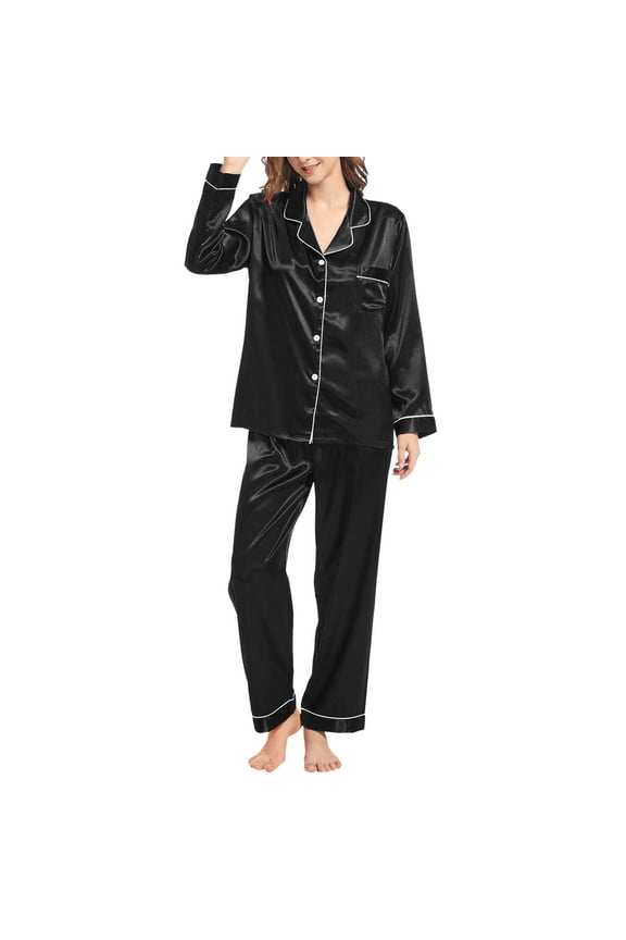 Womens Pajama Sets,Silk Pajamas,Womens Silk Like Pajamas Long Sleeve Set Two Piece Sleepwear Button Down Nightwear Loungewear Sets,Pajama Sets for Women 2 Piece,Satin Pajama Set Black 3XL