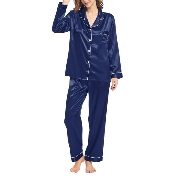 Hamky Womens Pajama Sets,Silk Pajamas,Womens Silk Like Pajamas Long Sleeve Set Two Piece Sleepwear Button Down Nightwear Loungewear Sets,Pajama Sets for Women 2 Piece,Satin Pajama Set A L