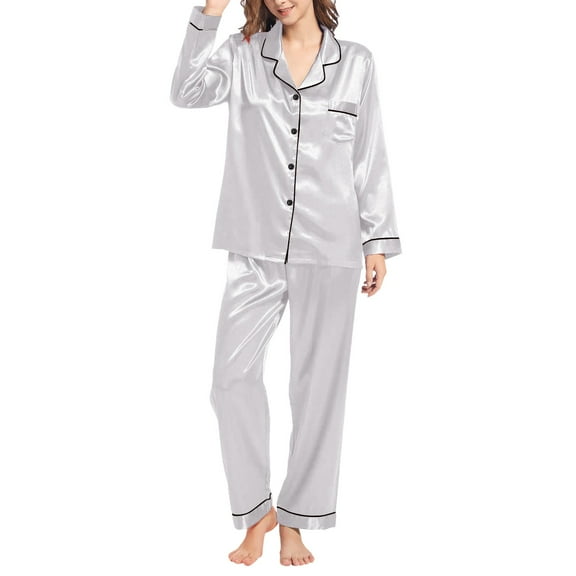 Hamky Womens Pajama Sets,Silk Pajamas,Womens Silk Like Pajamas Long Sleeve Set Two Piece Sleepwear Button Down Nightwear Loungewear Sets,Pajama Sets for Women 2 Piece,Satin Pajama Set Grey XL