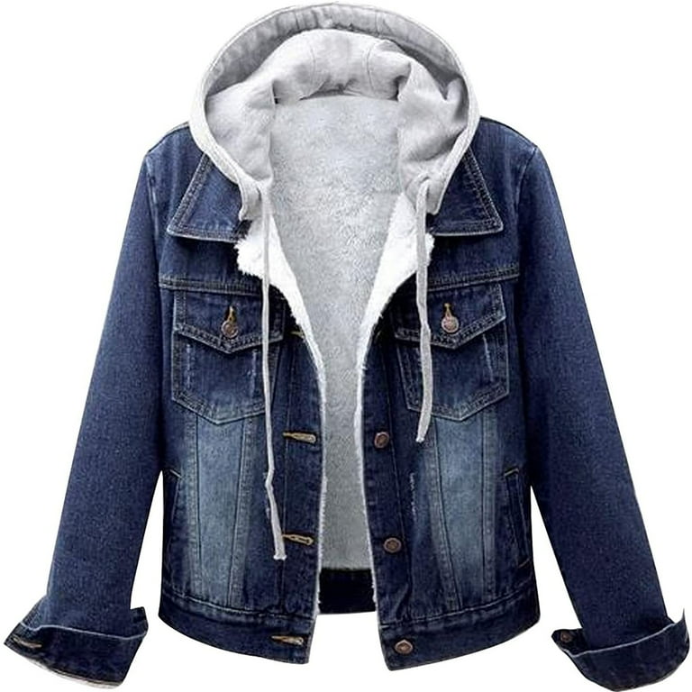 Hamky Zip Up Hoodie Jean Jacket Women Winter Plush Hoodie Denim Jacket Vintage Button Down Drawstring Coat with Pocket Coats for Women Jackets for