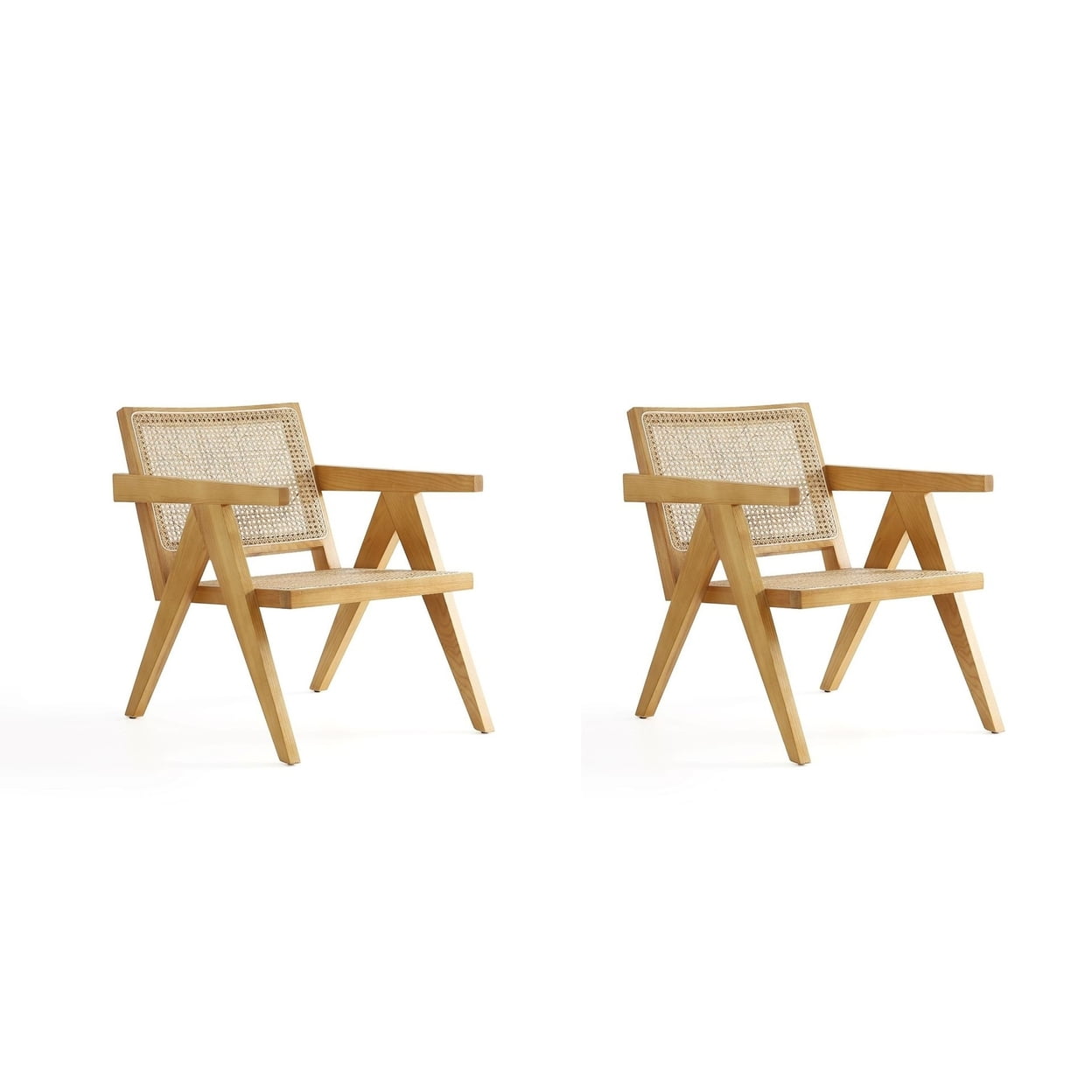 Set of 2 Natural Wood and Cane Accent Chairs