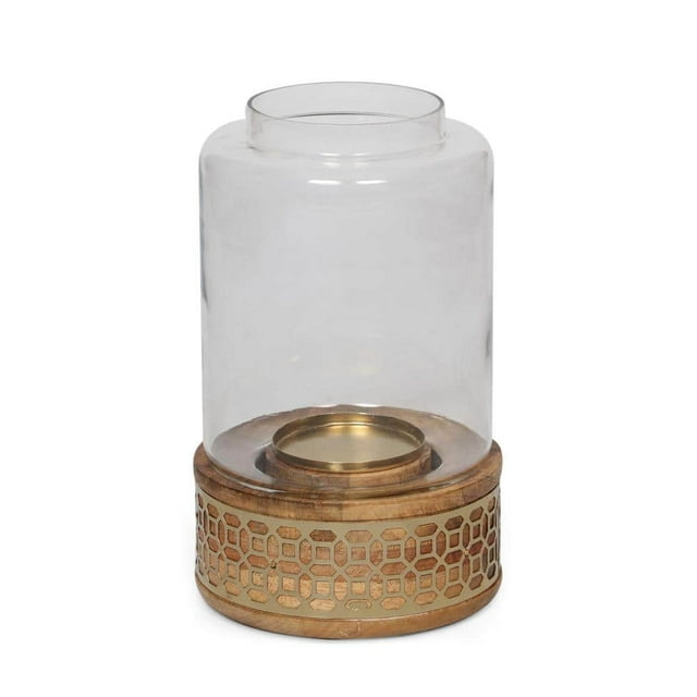 Hamlin Natural and Gold Mango Wood Hurricane Candle Holder