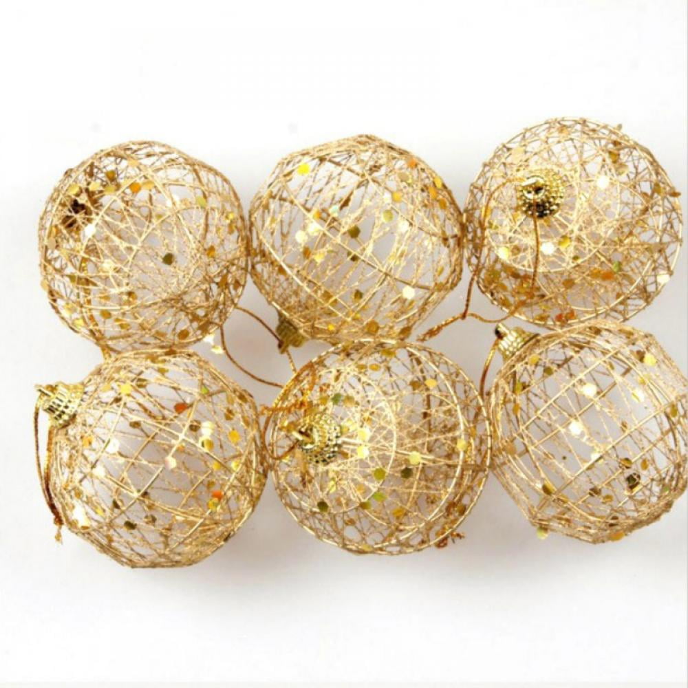 Hamlinson 6 Pcs Gold Wire Christmas Balls Hollow Iron Wire Ball Ornaments Xmas Tree Hanging Pendants Shatterproof Christmas Glitter Baubles Hollow