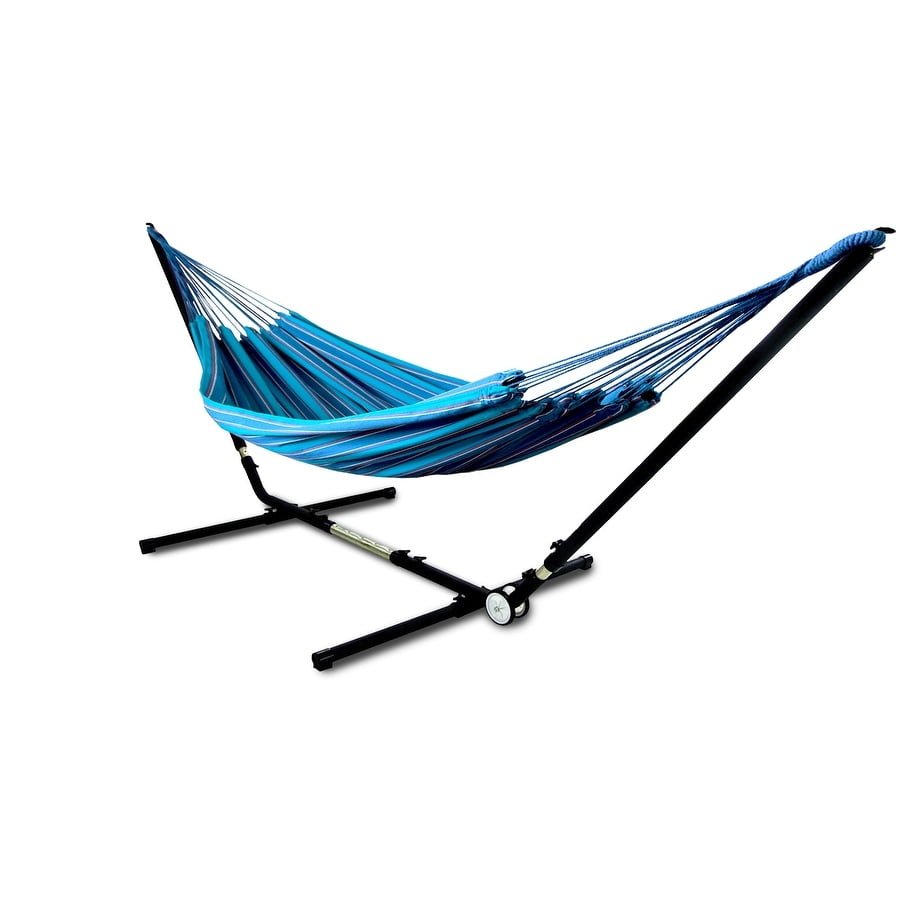 Blue Brazilian Two Person Hammock with Adjustable Matte Black Steel Stand