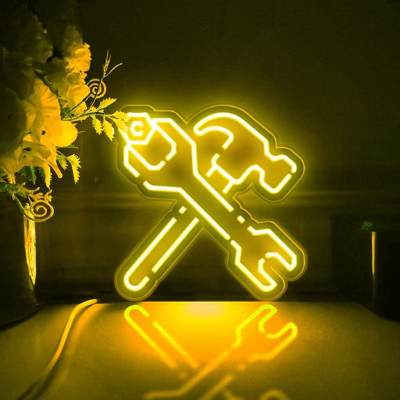 Hammer And Wrench, Repair Tool Led Light Box, Dimmable Neon-Like Light Signs USB Power for Wall Decor Bedroom Decoration, RGB Light (WxH) 16"x16"