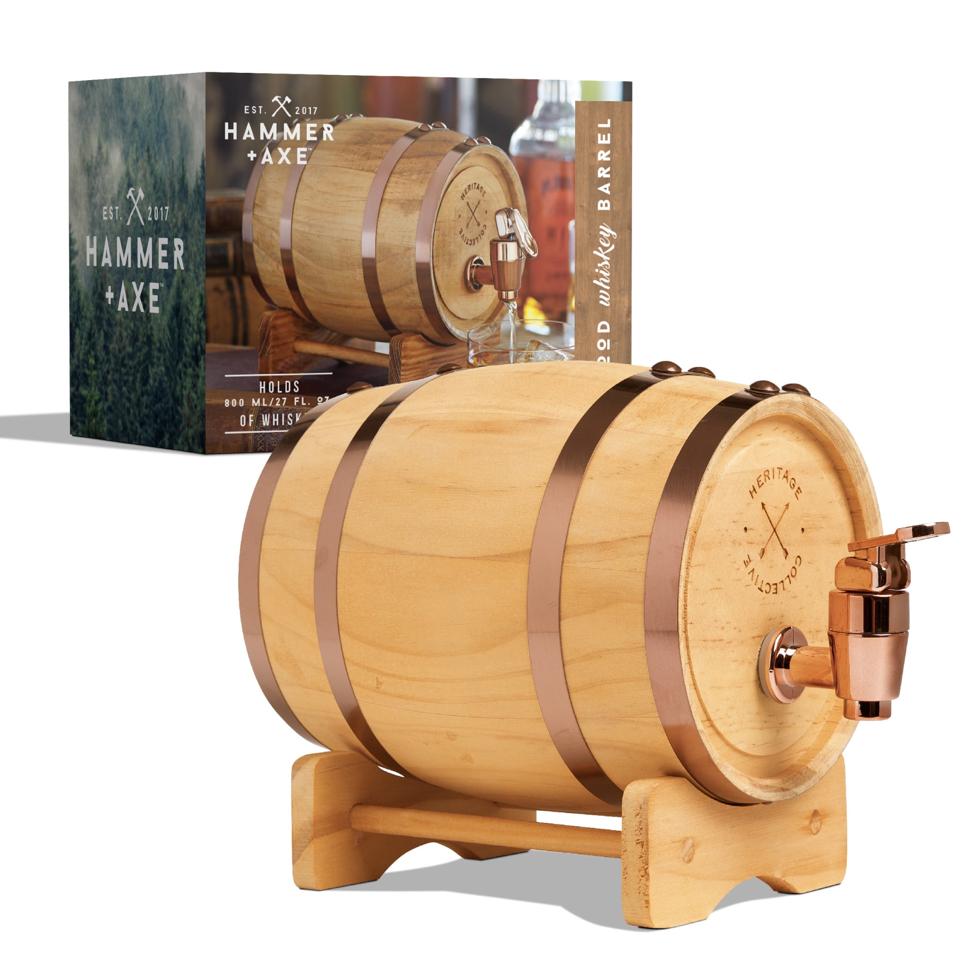 Hammer + Axe Miniature Wood Whiskey 1L (27 Fl. Oz.)Wood Barrel Dispenser and Mini Infuser