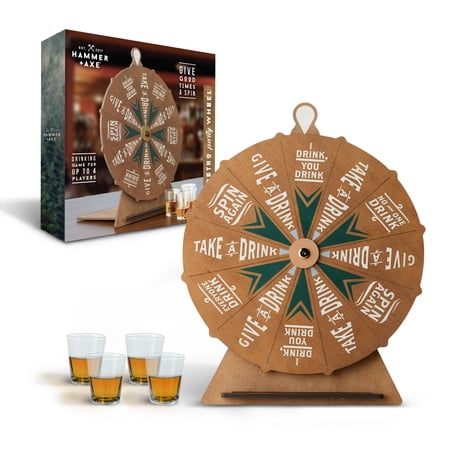 Hammer + Axe™ Vintage Drinking Wheel Game with 4 Shot Glasses, Tabletop Alcohol Drinking Game for Adults, Party Icebreaker, Entertaining & Fun Activity for Tailgating, Pregaming, Parties, BBQ