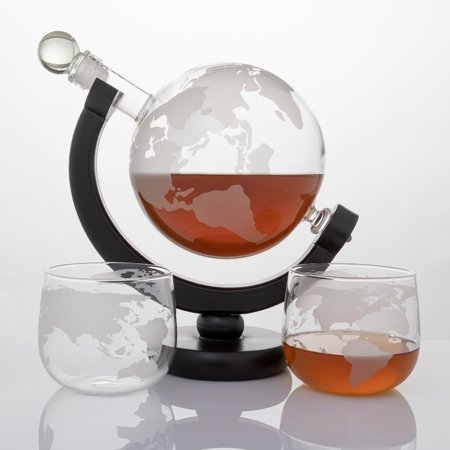 Hammer + Axe Whiskey Decanter Set, Globe-Shaped Whiskey Storage with Stand, Includes Two Matching Glasses, Perfect for Scotch, Bourbon and Favorite Libations