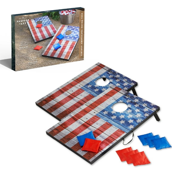 Hammer & Axe Wooden Bean Bag Cornhole Game, USA Edition, Includes 8 Bean Bags, Two 3'x2' Boards