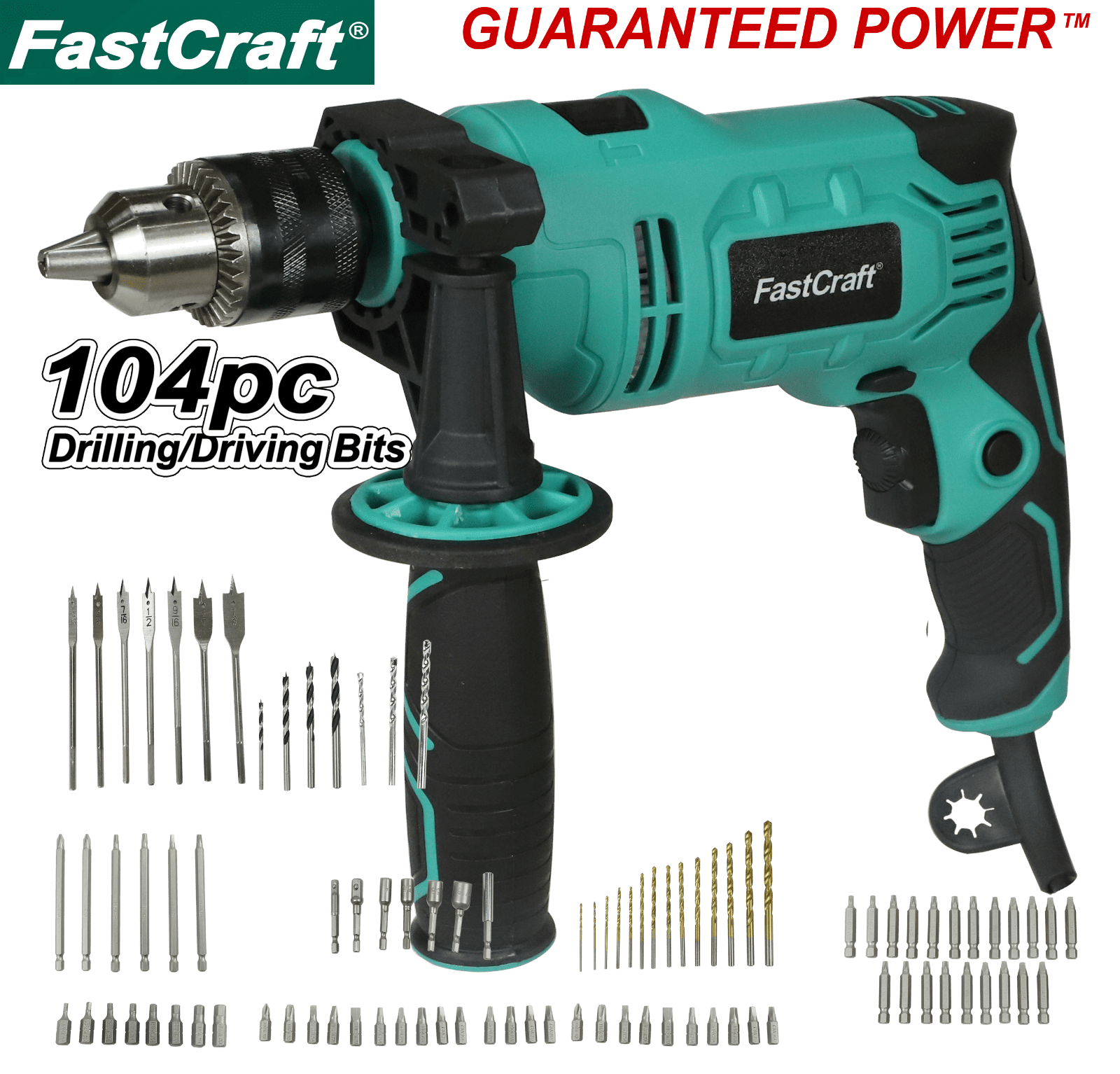 Hammer Drill- FastCraft Impact Drill Driver PRO 9A PEAK POWER 1/2-inch Chuck 0-2800RPM Dual Switch Drilling Driving, 360 Degree Rotating, 43mm Drill Collar 104pc Bit Set