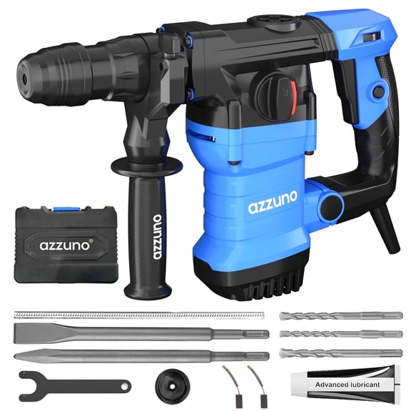 AZZUNO 1-1/4" SDS-Plus Rotary Hammer Drill, 4 Functions, for Concrete, Brick and Stone, Includes Chisel and Drill Bits