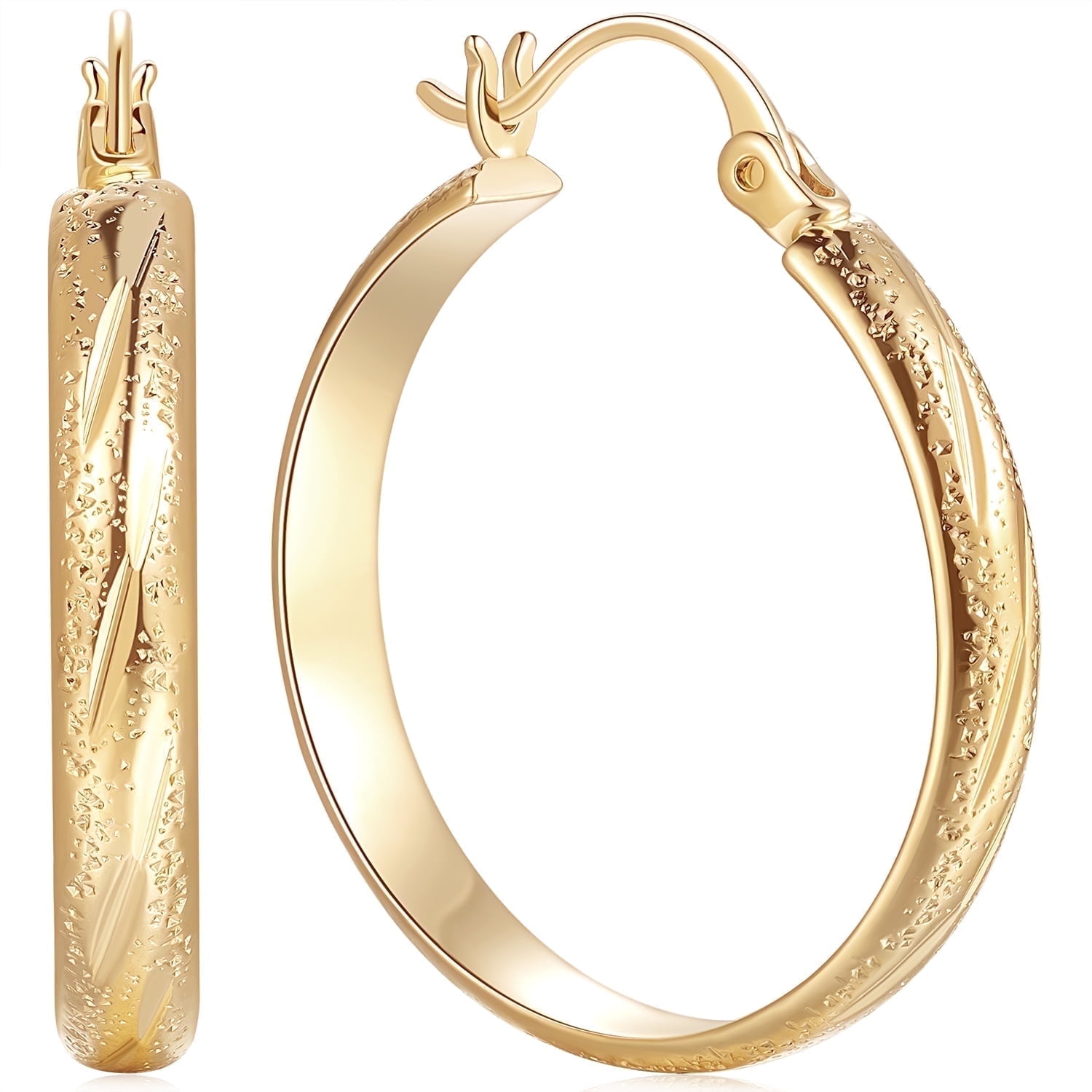 POHNUI 14K Gold Hoop Earrings for Women Textured Gold Filled Hoop Earrings, Classic Gold Earrings Lightweight Womens Gold Jewelry 25mm