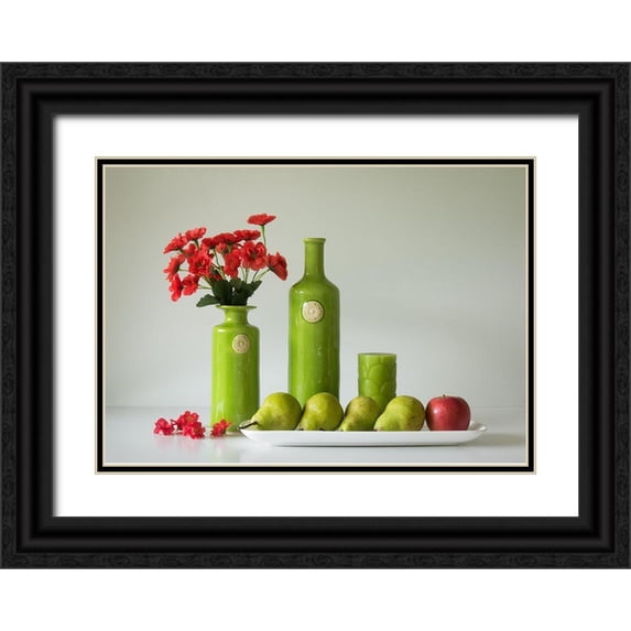 Hammer, Jacqueline 18x14 Black Ornate Wood Framed with Double Matting Museum Art Print Titled - Red And Green With Apple And Pears