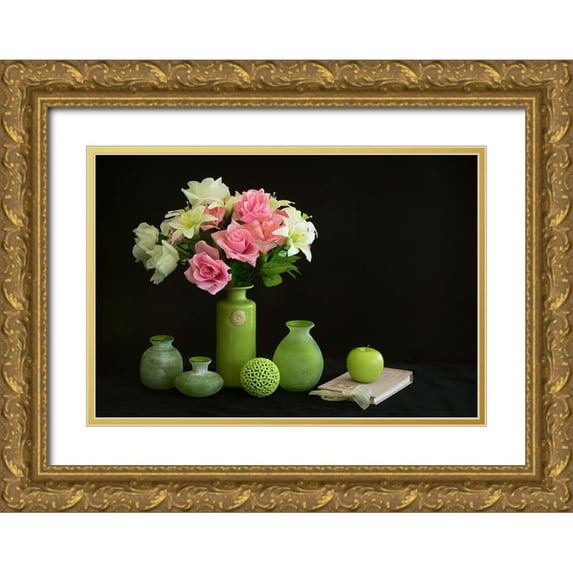 Hammer, Jacqueline 32x23 Gold Ornate Wood Framed with Double Matting Museum Art Print Titled - Roses And Apple
