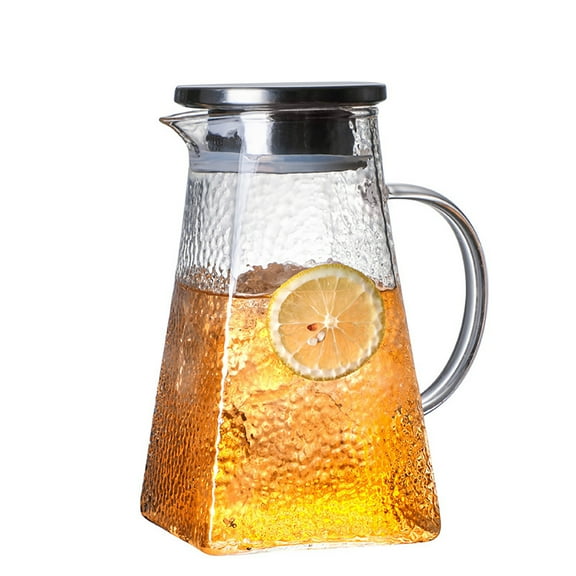 Hammer Pattern Glass Pitcher, 1.2L/42oz Clear Glass Pitcher with Stainless Steels Lid and Spout, Glass Water Pitcher for Iced Tea Beverage Juice Lemonade