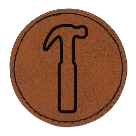 Hammer Tool Outline 2.5" Faux Leather Round Engraved Iron-On Patch - Brown