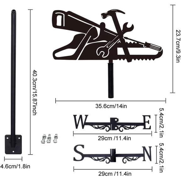 Hammer Wrench Weather Vane Metal Wind Direction Indicator Measuring Instrument Roof Decorative Wind Direction Vanes for Outdoor Garden Farm Backyard Gazebo Barn Art Decoration Black