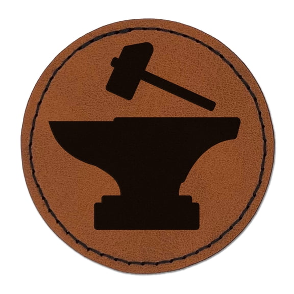 Hammer and Anvil Blacksmith Icon 2.5" Faux Leather Round Engraved Iron-On Patch - Brown