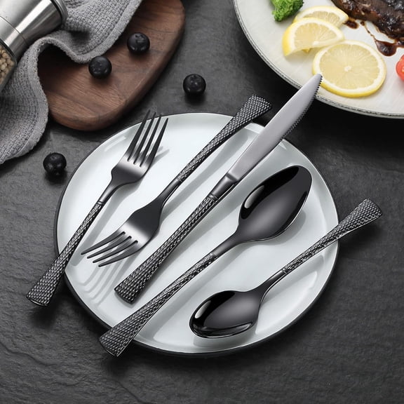 Hammered Black Silverware Set, 20 Piece Modern Flatware Set Service for 4