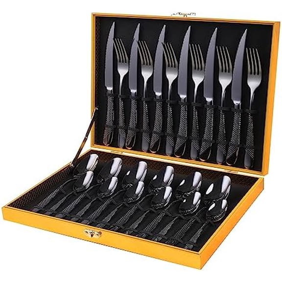Hammered Black Silverware Set,  24-Piece 18/10 Stainless Steel Flatware Set, Service of 6