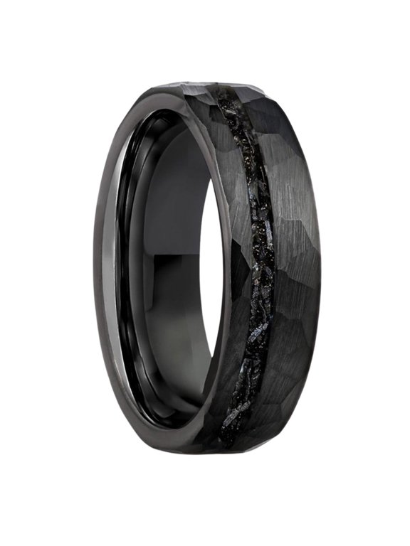 Hammered Black Tungsten Carbide Ring with Meteorite Inlay Unisex Wedding Band Scratch-Resistant Comfort Fit