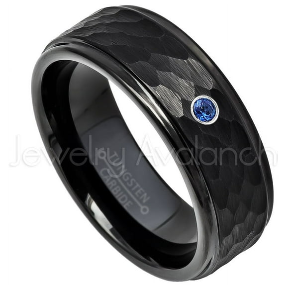 Hammered Black Tungsten Ring - 0.07ct Solitaire Blue Sapphire Ring - Personalized Tungsten Wedding Ring - Custom Made September Birthstone Ring TN614BS