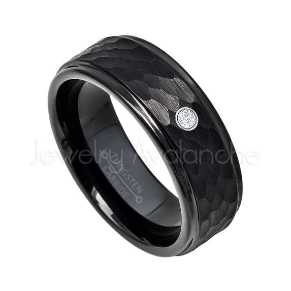 Hammered Black Tungsten Ring - 0.07ct Solitaire Diamond Ring - Personalized Tungsten Wedding Ring - Custom Made April Birthstone Ring TN614BS