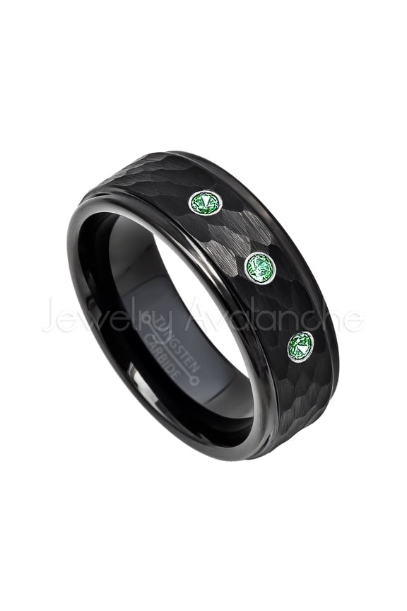 Hammered Black Tungsten Ring - 0.21ctw Emerald 3-stone Band - Personalized Tungsten Wedding Ring - Custom Made May Birthstone Ring TN614BS