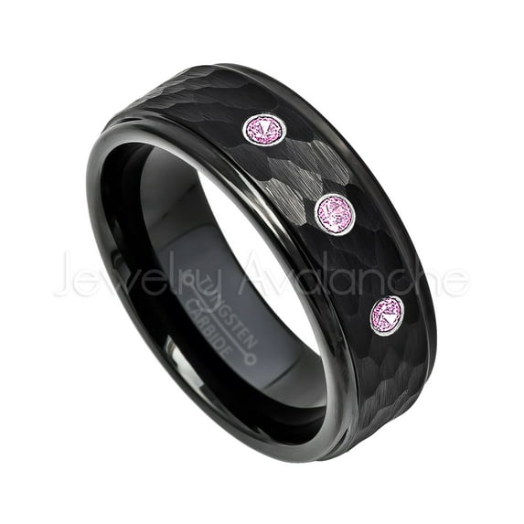 Hammered Black Tungsten Ring - 0.21ctw Pink Tourmaline 3-stone Band - Personalized Tungsten Wedding Ring - Custom Made October Birthstone Ring TN614BS