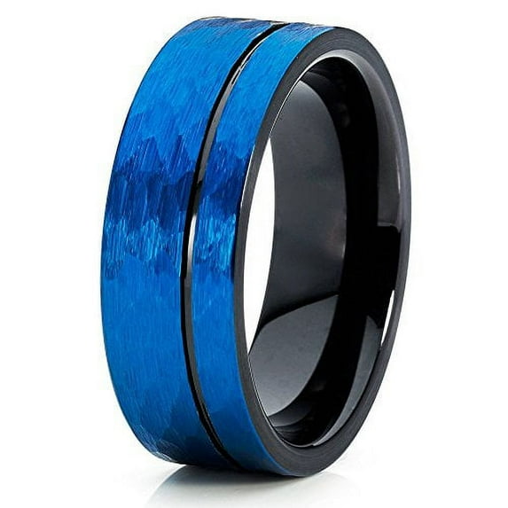 Hammered Blue Tungsten Ring 8mm Brushed Tungsten Ring Offset Groove Ring Men & Women Comfort Fit