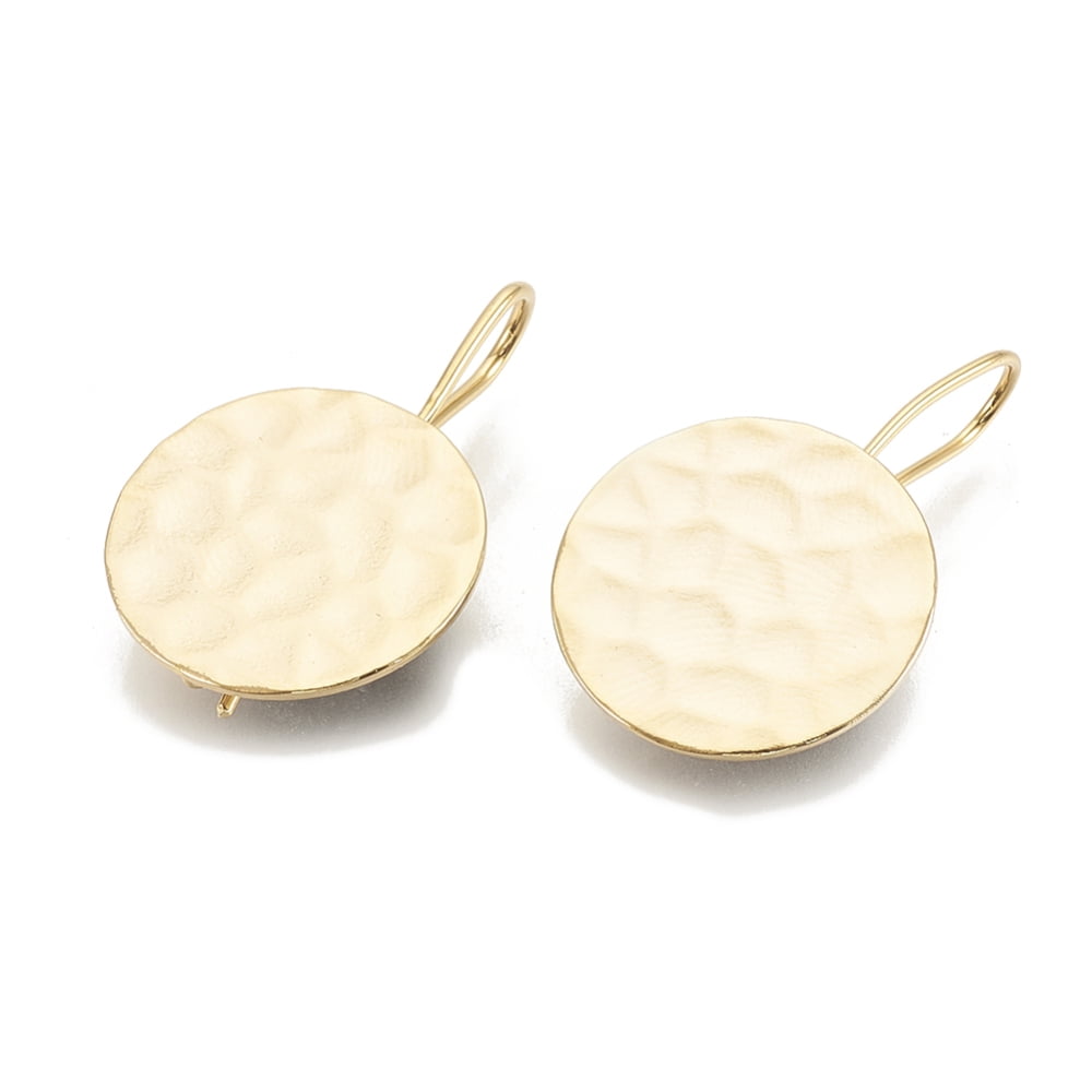 Hammered Brass Earring Hooks Ear Wire with Horizontal Loop Flat Round Nickel Free Real 18K Gold Plated 20mm Hole: 2mm 21 Gauge Pin: 0.7mm