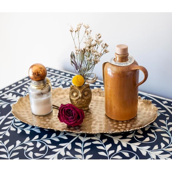 Hammered Brass Oval Tray with Rough Decorative Edge Gold Color Large Festive Holiday Serving Dish Platter for Kitchen - Decorative Tray for Vanity and Home Decor - Vintage Style Boho Decor