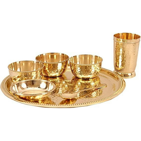 Hammered Brass Thali Set of 7 Pcs Including 3 Bowls 1 Glass 1 Plate 1 Dinner Plate 1 Spoon Restaurant Ware Home Hotel