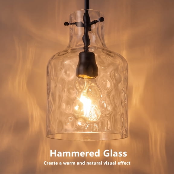 Hammered Clear Glass Pendant Light, Adjustable 21.46in–77.76in Matte Black Metal Hanging Light with E26 Base for Kitchen Island Dining Foyer Bedroom-7 in