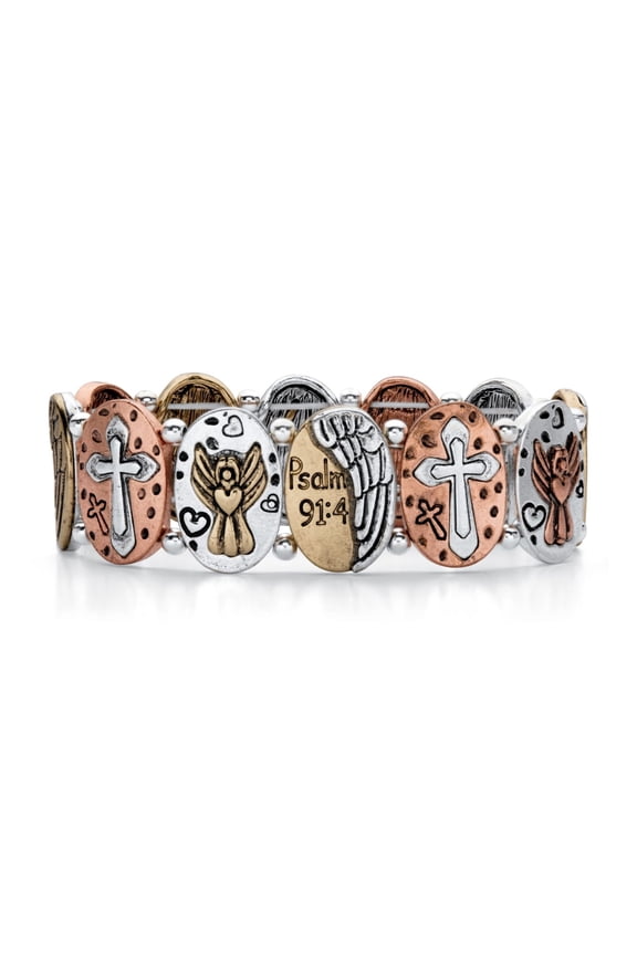 Hammered Coin Tri-Tone Rose Tone, Gold Tone and Silvertone Inspirational Inscribed Stretch Bracelet 7"