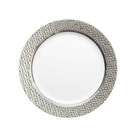 Hammered Collection 10 1/4" Clear w/ Silver Hammered Border Banquet Plastic Plates *Case of 120*
