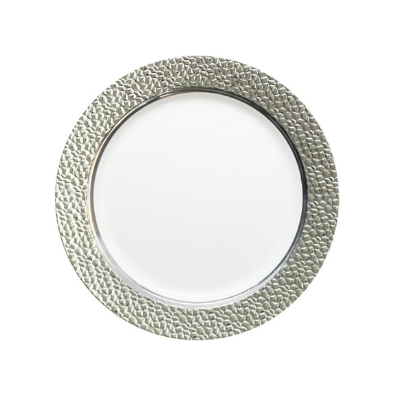 Hammered Collection 9" Clear w/ Silver Hammered Border Luncheon Plastic Plates *Case of 120*