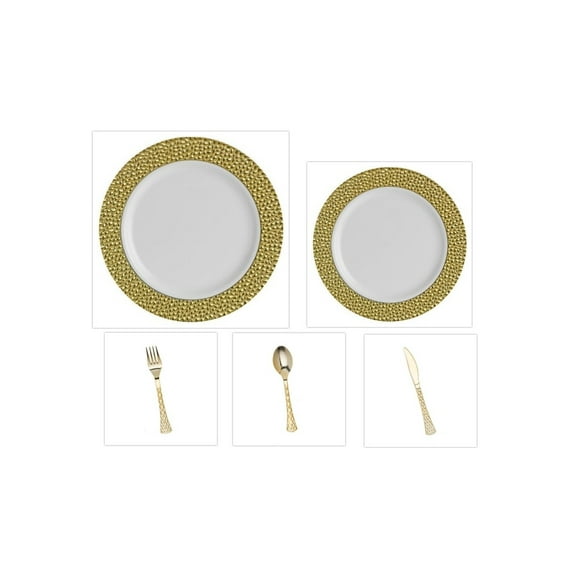 Hammered Collection White w/Gold Hammered Border China-Like Plastic 9" Dinner Plates + 7" Salad Plates + Cutlery *Party for 60*