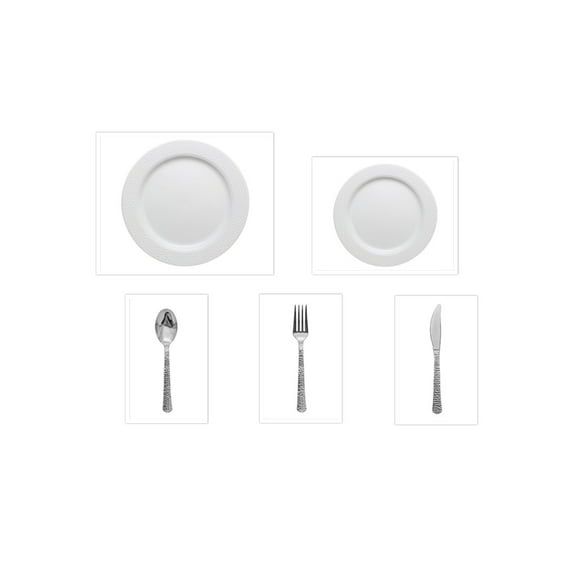 Hammered Collection White w/White Hammered Border China-Like Plastic 9" Dinner Plates + 7" Salad Plates + Cutlery *Party for 40*
