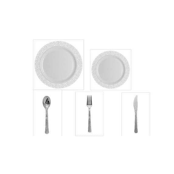 Hammered Collection White w/White Hammered Border China-Like Plastic 9" Dinner Plates + 7" Salad Plates + Cutlery *Party for 60*