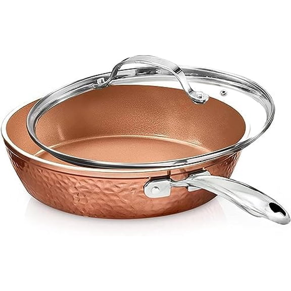 Hammered Copper 12 Inch Non Stick Frying Pans with Lid, Frying Pans Nonstick with Lid, Non Toxic Ceramic Pan for Cooking, Nonstick Frying Pan, Induction Pan, Oven and Dishwasher Safe