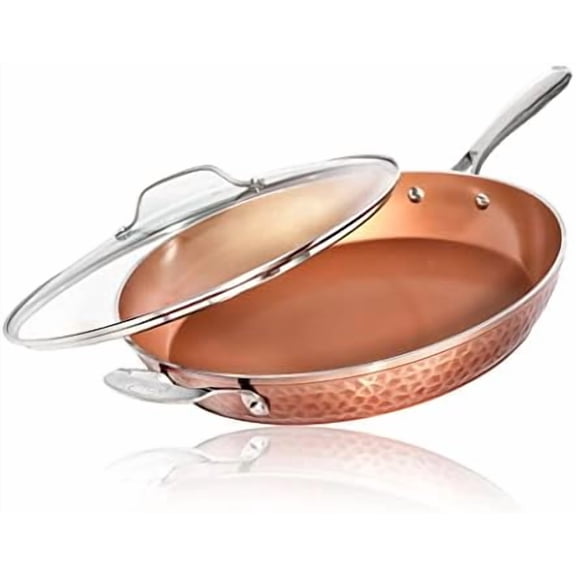 Hammered Copper 14 Inch Non Stick Frying Pan with Lid, Nonstick Frying Pan with Ceramic Coating and Induction Plate for Even Heating, Oven / Dishwasher Safe, 100% Healthy & Non Toxic