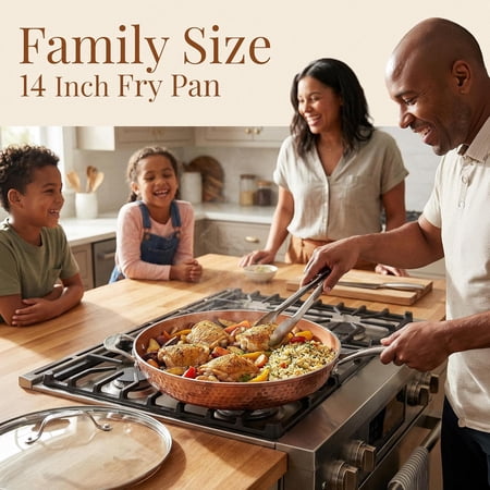 Hammered Copper 14 Inch Non Stick Frying Pan with Lid, Ceramic Coating Induction Safe Oven Dishwasher