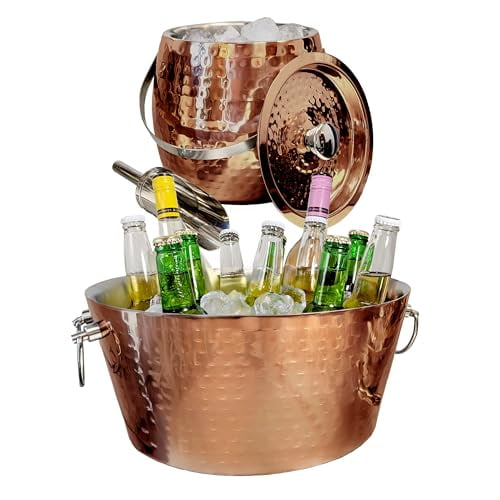 Hammered Copper Beverage Tub With Lid And Scoop, Double-Walled Insulated