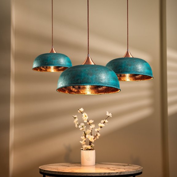 Handmade Hammered Copper Green Patina Pendant Light – Rustic Farmhouse Ceiling Fixture for Kitchen Island, Dining Room & Living Space, Office and Bar | Vintage Hanging Light with Mounting Set