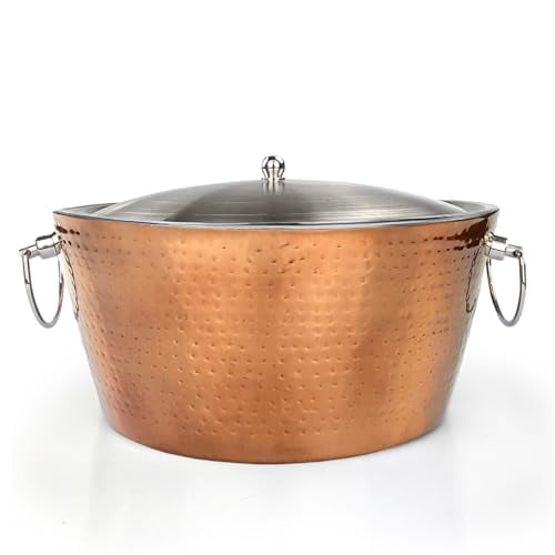 Hammered Copper Ice Bucket With Lid - 15-Qt Double-Walled Stainless Steel