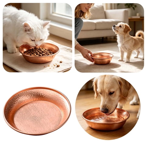 Hammered Copper Pet Bowl Dog Feeding Bowl Premium Solid Copper Water Dish Textured Surface Feeder For Indoor Canine And Feline Daily Use