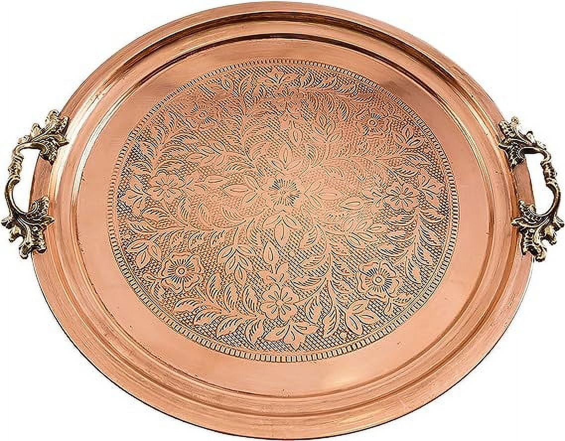 Hammered Copper Serving Tray with Brass Handle Large Platters Decorative Centerpiece Kitchen Multi Purpose Coffee Table Dinner Breakfast Food